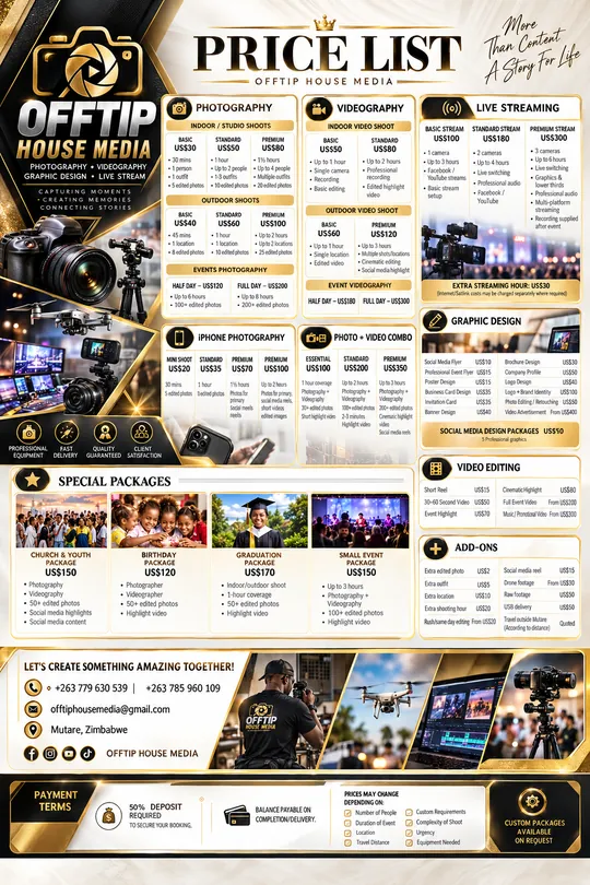 Premium white, gold and black Offtip House Media price list with photography, videography, graphic design and special packages